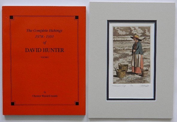 David Hunter etching: David Hunter- ''Fisherman's Wife''- etching with hand-coloring, 1991, signed, titled and numbered 1/100, together with a book of David Hunter's etchings. 6 x 4''