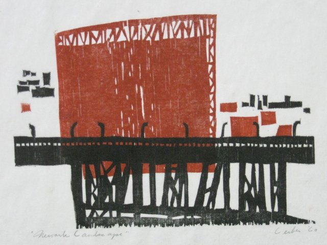 Gerson Leiber woodblock: Gerson Leiber- ''Newark Landscape''- woodblock in 2 colors, 1960, signed, dated and titled in pencil, very good condition. 8 1/2 x 11 1/2''
