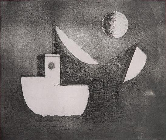 Paul Resika soft ground etching: Paul Resika- ''Still Boats and Moon''- soft ground etching, 2001, signed, The Print Club of New York presentation print for 2001.