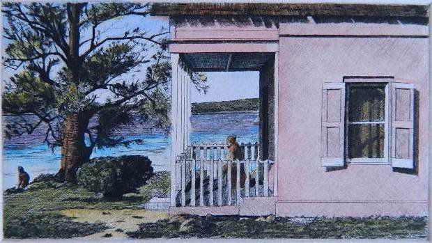 Altoon Sultan etching: Altoon Sultan- ''The Small Veranda, Eleuthra, Bahamas''- etching with hand-coloring, 1984, signed, dated, titled and numbered 26/30 in pencil. 3 1/2 x 5 3/4''