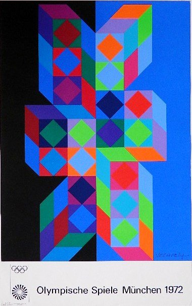 after Victor Vasarely lithographic poster: after Victor Vasarely- ''Munich 1972''- lithographic poster in colors, done for the 1972 Olympic Games. 40 x 25'' (sheet)