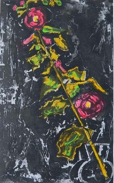 John Walker etching: John Walker- Diagonal Hollyhocks- etching with hand-coloring, 2003, signed, dated and numbered 53/200 in pencil, The Print Club of New York presentation print for 2003, very good condition. 15 1/2 x 9