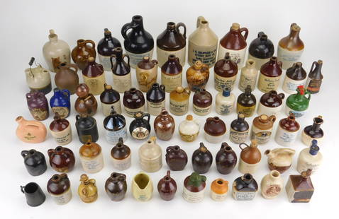 60+ Miniature stoneware jugs: 60+ Miniature stoneware jugs including souvenirs, Whiskey, commemorative, Leisey, Kentucky etc... Various sizes