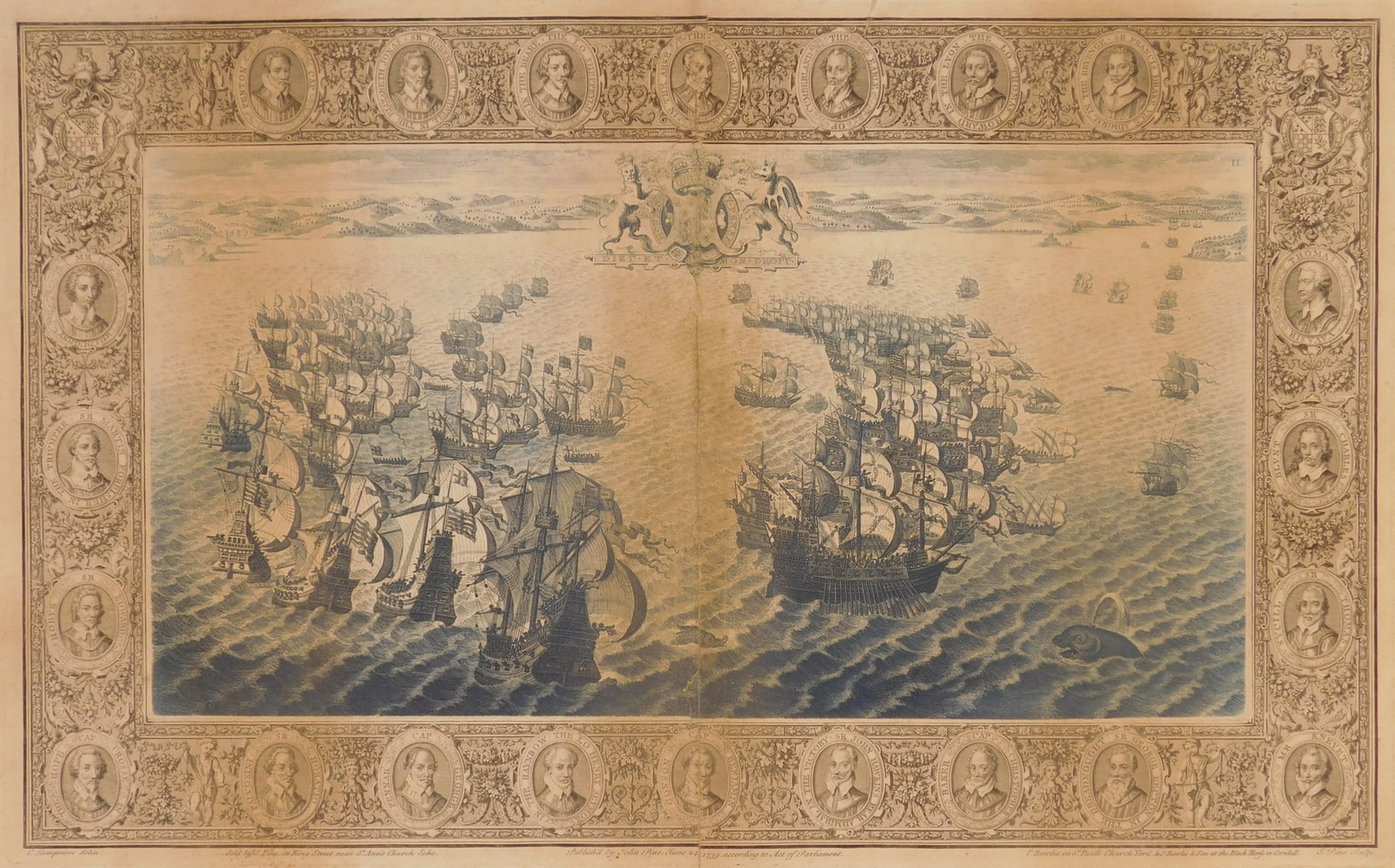 after C. Lempriere engraving: after Clement Lempriere (fl. 1683-1746) An engagement between the English and Spanish fleets, 1588 engraving, 1739, engraved and published by John Pine, London, also in plate along bottom:&n