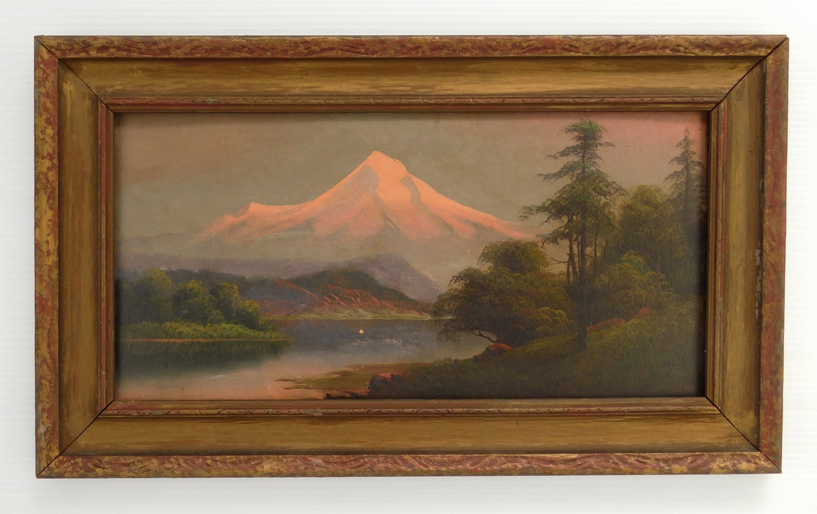 19th c. American School oil: 19th c. American School Mt. Hood oil on artist board, framed. 8 x 16"