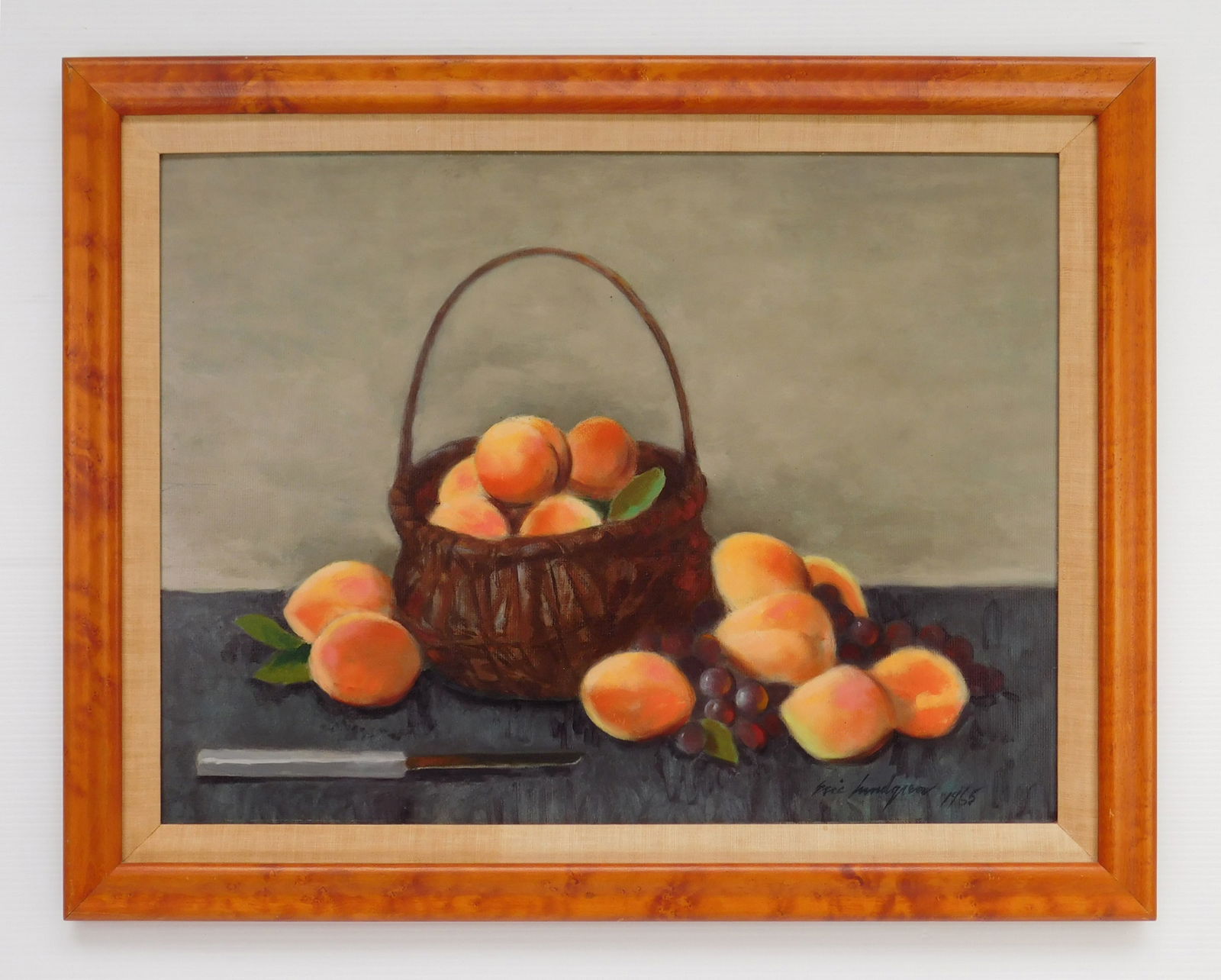Eric Lundgren oil: Eric Lundgren (1906-1971) Still-Life of Peaches in a Basket oil on masonite, 1965, signed Eric Lundgren 1965 lower right, framed. 18 x 24"