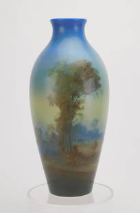 Rookwood Scenic Vellum glaze vase, Ed Diers: Rookwood vellum glaze pottery vase, 1917, by Ed. Diers, decorated with panoramic landscape, marks include Rookwood logo, date shape #170, V and artist's monogram. 12"h