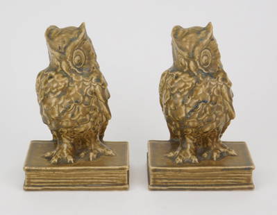 Pair of Rookwood Owl Bookends: ,Pair of Rookwood 'Owl Sitting' bookends, done in a brown mat glaze in 1924, marks include Rookwood logo, the date, shape #2656 and the cast monogram of designer William Mc Donald.