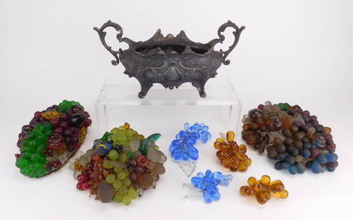 3 1920's Czech glass fruit lamp tops & 4 art glass grape clusters: 3 1920's Czech glass fruit lamp tops & 4 art glass grape clusters, some glass fruit missing or detached; along with a silver plate sauceboat, heavily tarnished. 9 x 7 1/2 x 3