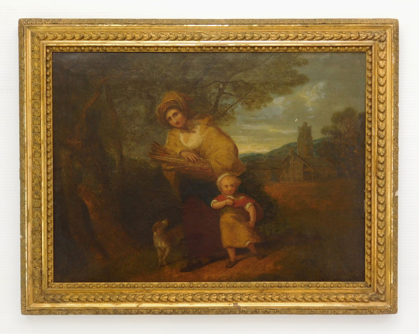 Francis Wheatley oil: Attributed to Francis Wheatley (British 1747-1801) Mother and Child on a Road oil on canvas (relined), bears signature, framed. 15 x 20"
