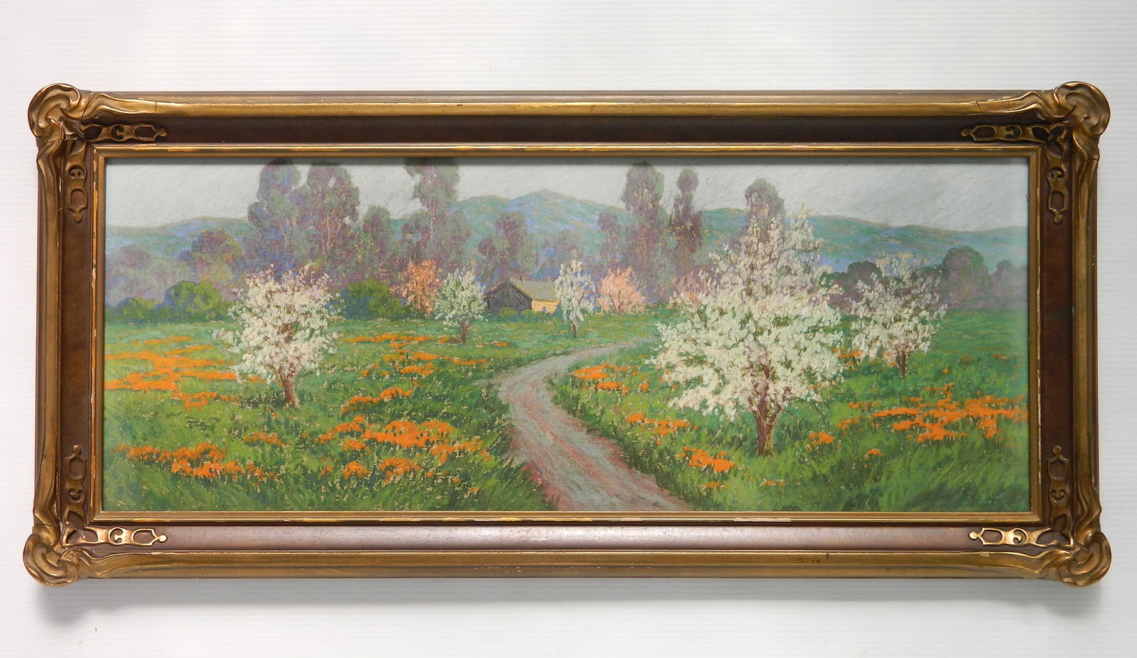 Carl Sammons pastel: Carl Sammons (1883-1968) California Landscape with Flowering Trees pastel on paper, signed C. Sammons lower right, framed, 11 x 28'' In nice period frame (needs a little work)