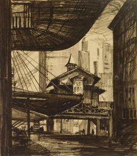 Mark Freeman drawing: Mark Freeman (1908-2003) 9th Ave. El, Washington St. drawing, 1929. 8 1/4 x 7 1/4"