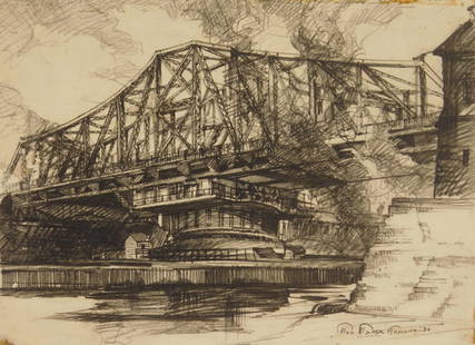 Mark Freeman pencil drawing: Mark Freeman (1908-2003) Harlem River Bridge drawing, 1930, signed Marek Freeman '30 lower right. 7 1/2 x 10 1/2"