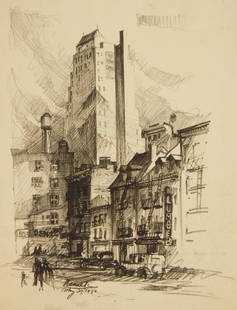 Mark Freeman pencil drawing: Mark Freeman (1908-2003) New York City Street Scene pencil drawing, 1932, signed Marek/ May 30, 1932 lower left.&nbsp; &nbsp;12 x 9&quot;