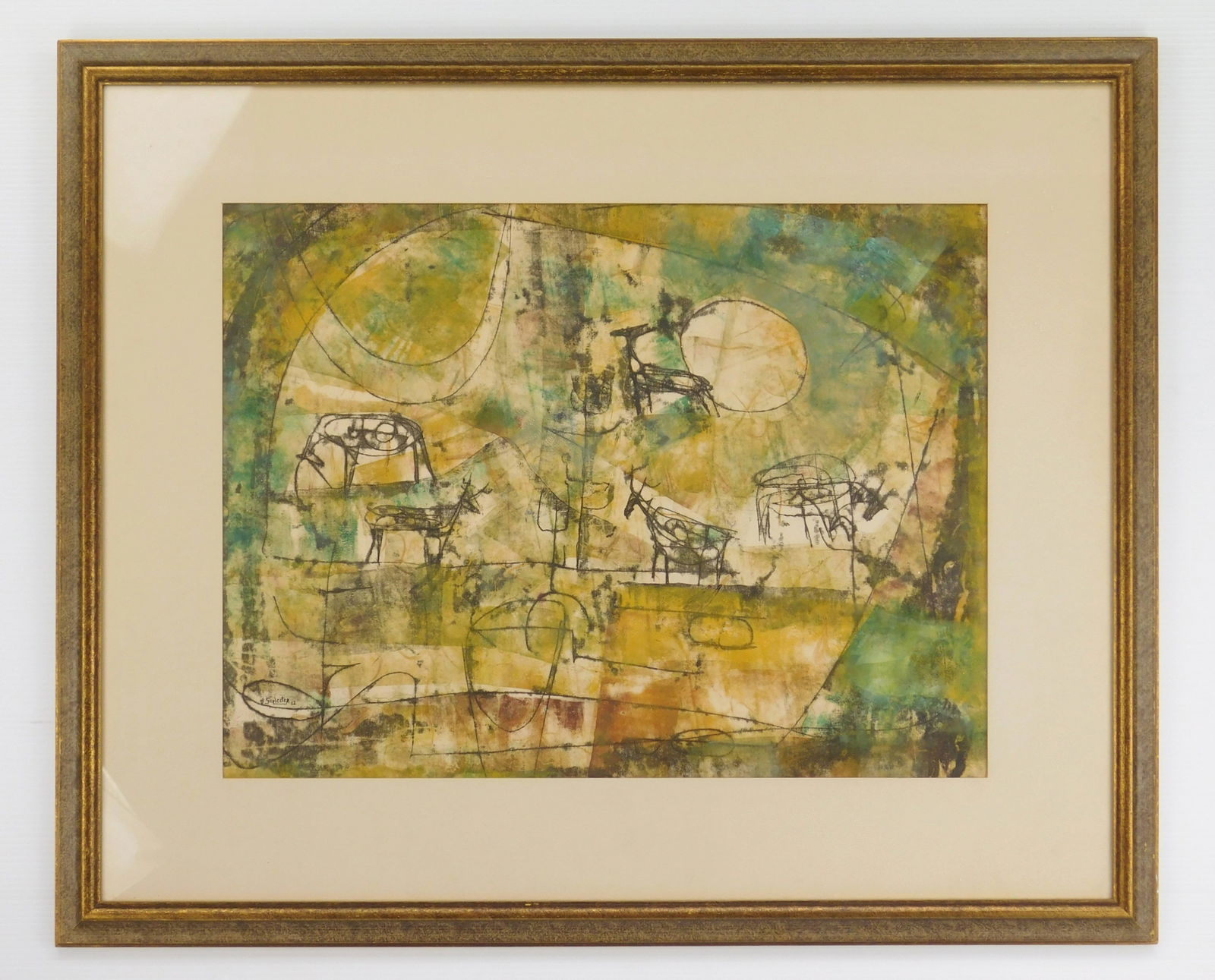 Howard Schleeter monoprint: Howard Schleeter (1903-1976) Animals #3 monoprint on paper, 1962, signed and dated, framed. 17 x 24"