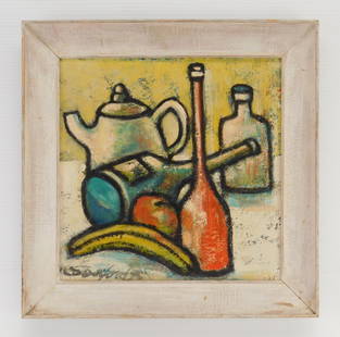 Walter Sanford oil: Walter Sanford (American 1912-1987) Still Life oil on Masonite, 1963, signed Sanford lower left, also signed, titled and dated verso, framed. 12 x 12"