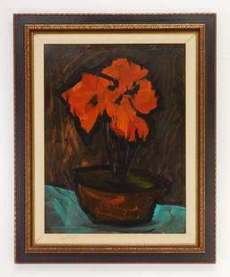 Walter Sanford oil: Walter Sanford (American 1912-1987) Flower oil on cardboard, 1964, signed Sanford upper right, signed, titled and dated verso, framed. 20 x 15 1/2"