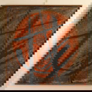 Walter Sanford oil: Walter Sanford (American 1912-1987) Chinese Motif oil on panel, 1965, signed Sanford lower right, framed. 47 1/2 x 47 1/2"