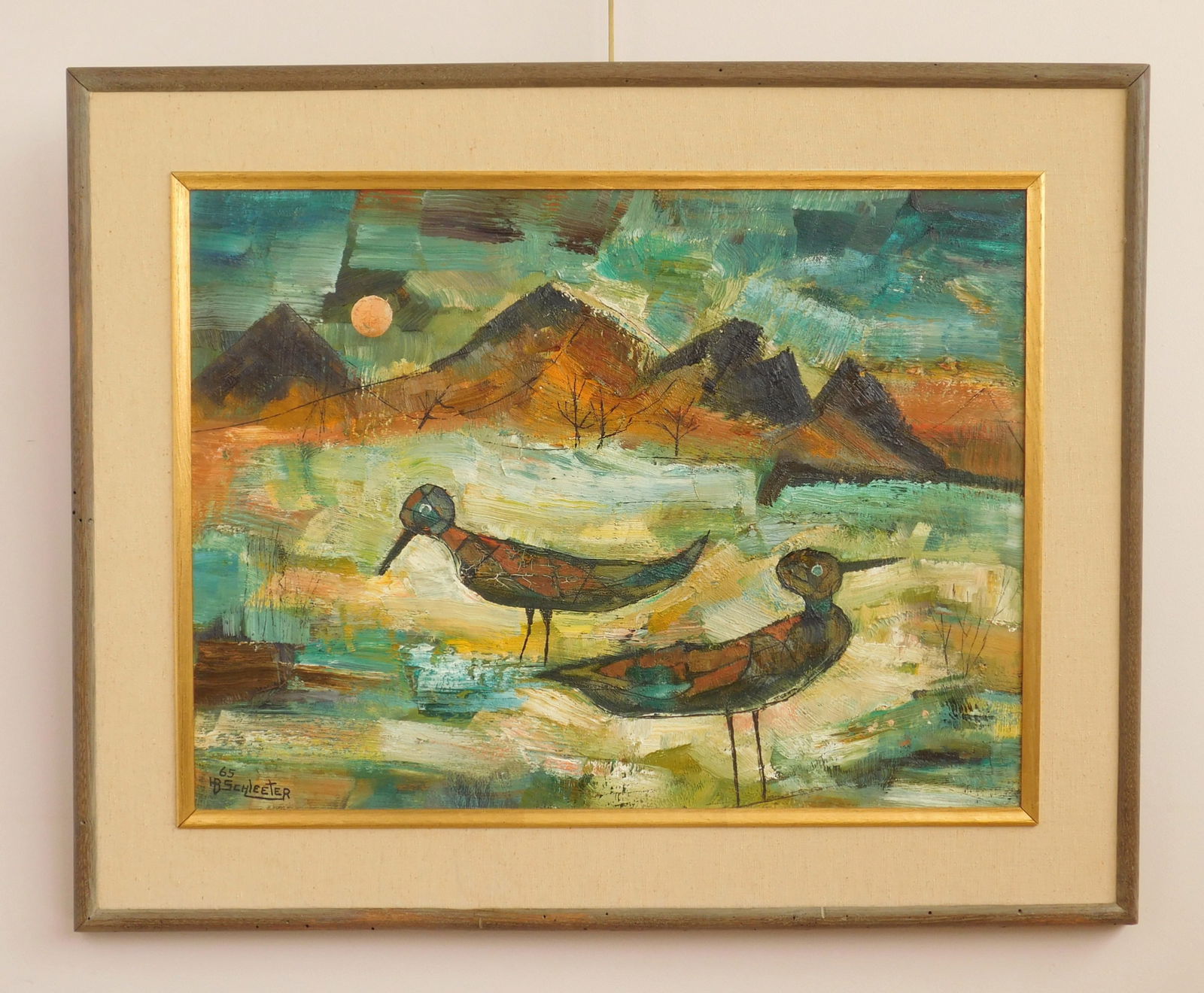 Howard Schleeter oil: Howard Schleeter (1903-1976) The Dark Side oil on composition board, 1965, signed and dated lower left, #404 in the oil series, #16 painting in 1965, framed. 18 x 24"