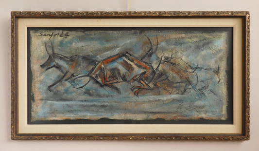 Walter Sanford oil: Walter Sanford (American 1912-1987) The Hunt oil 1965, signed Sanford 9/65 upper left, framed. 