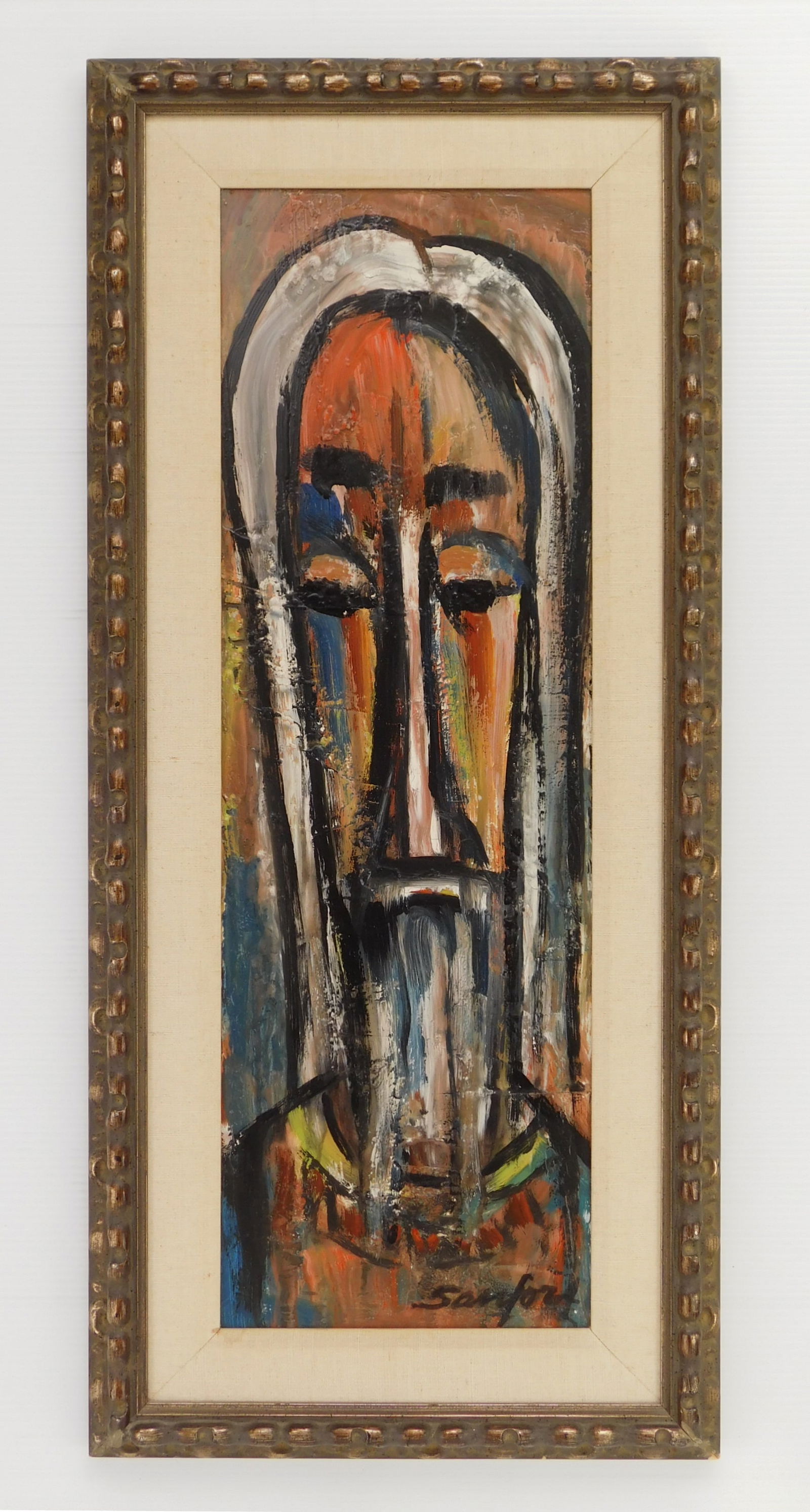 Walter Sanford oil: Walter Sanford (American 1912-1987) Moses oil on Masonite, 1965, signed Sanford lower right, signed, dated and titled verso, framed. 27 x 9"