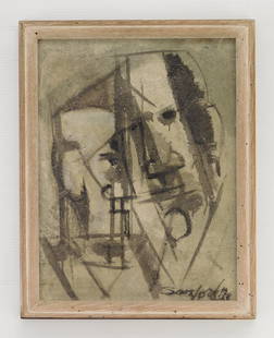 Walter Sanford mixed media: Walter Sanford (American 1912-1987) Wall Heads mixed meda on panel, 1965, signed Sanford 10/65 lower right, signed and titled verso, framed.&nbsp; &nbsp;17 x 13&quot;