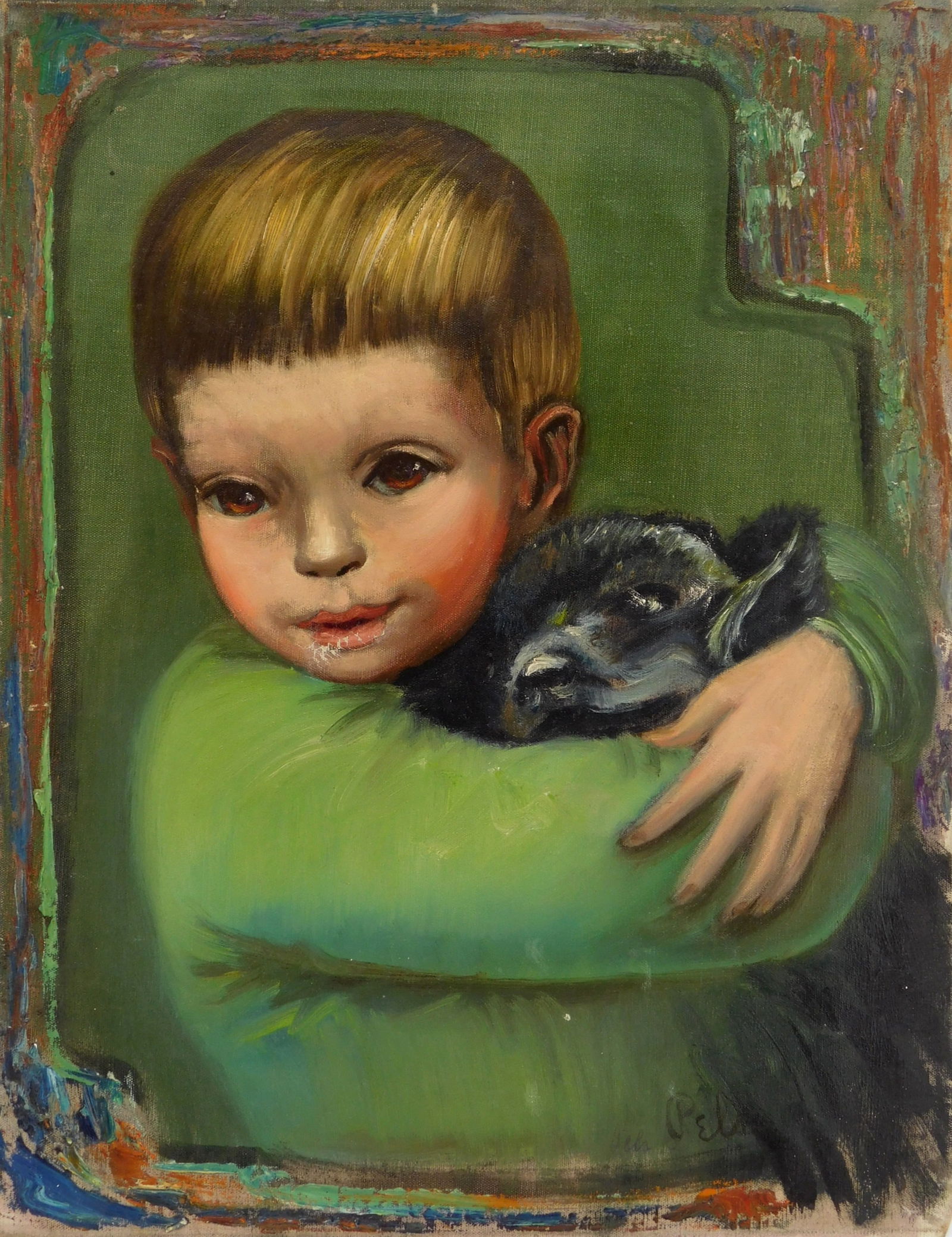 Albert Pels oil: Albert Pels (1910-1998) Young Boy with Dog oil on canvas, signed Pels lower right. 18 x 14"