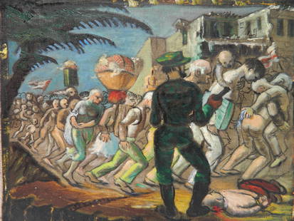 Albert Pels oil: Albert Pels (1910-1998) Exodus, Salvador oil on canvas. 13 1/2 x 17"