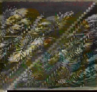 Albert Pels oil: Albert Pels (1910-1998) Crowd Behind a Fence oil on canvas. 26 x 27"