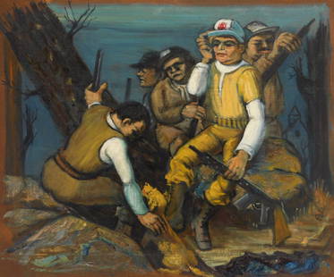 Albert Pels oil: Albert Pels (1910-1998) Hunting Party oil on canvas, 1985, signed Pels lower right, also signed, titled and dated verso. 19 1/2 x 22 3/4"