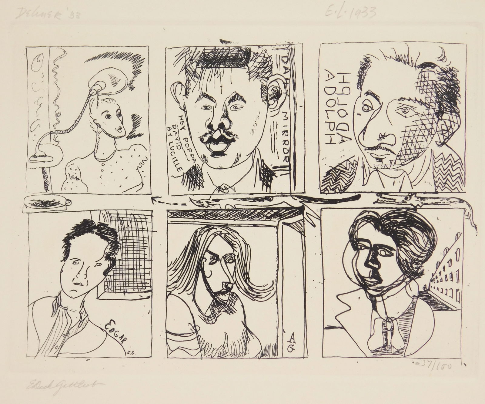 20th c. American Collaborative etching: 20th c. American Collaborative etching Portraits of Adolph Gottlieb, Esther D. Gottlieb, Edgar Levy, Lucille C. Levy, David Smith and Dorothy Dehner. etching, 1933, signed or initialed by D