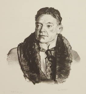 George Bellows lithograph: George Bellows (1882-1925) Portrait of Robert Aitken, Second Stone )Mason 127) lithograph, 1921, signed in pencil by Bellows and the printer Bolton Brown, edition of 23. 9 3/4 x 9 1/2"