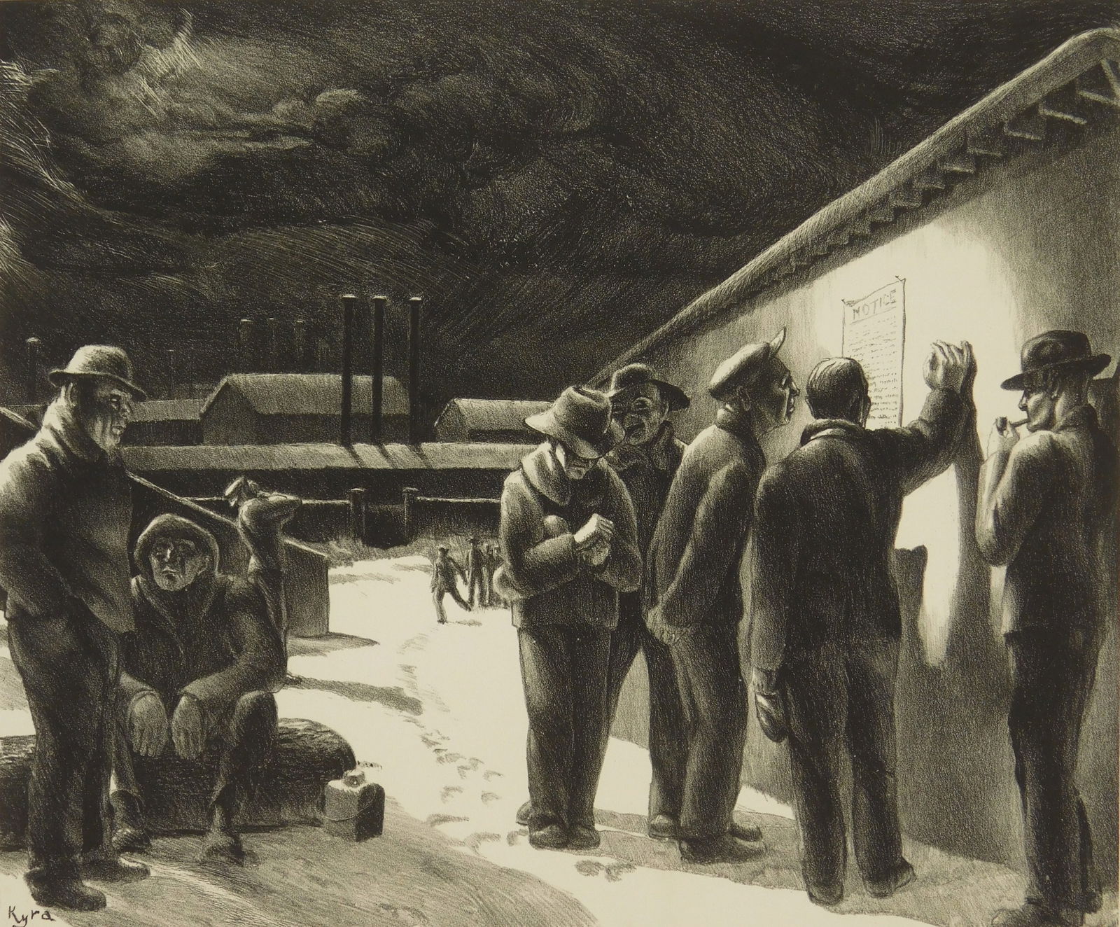 Kyra Markham lithograph: Kyra Markham (1891-1967) Lockout lithograph, 1937, signed, dated, titled and numbered 43/50. 10 x 12"