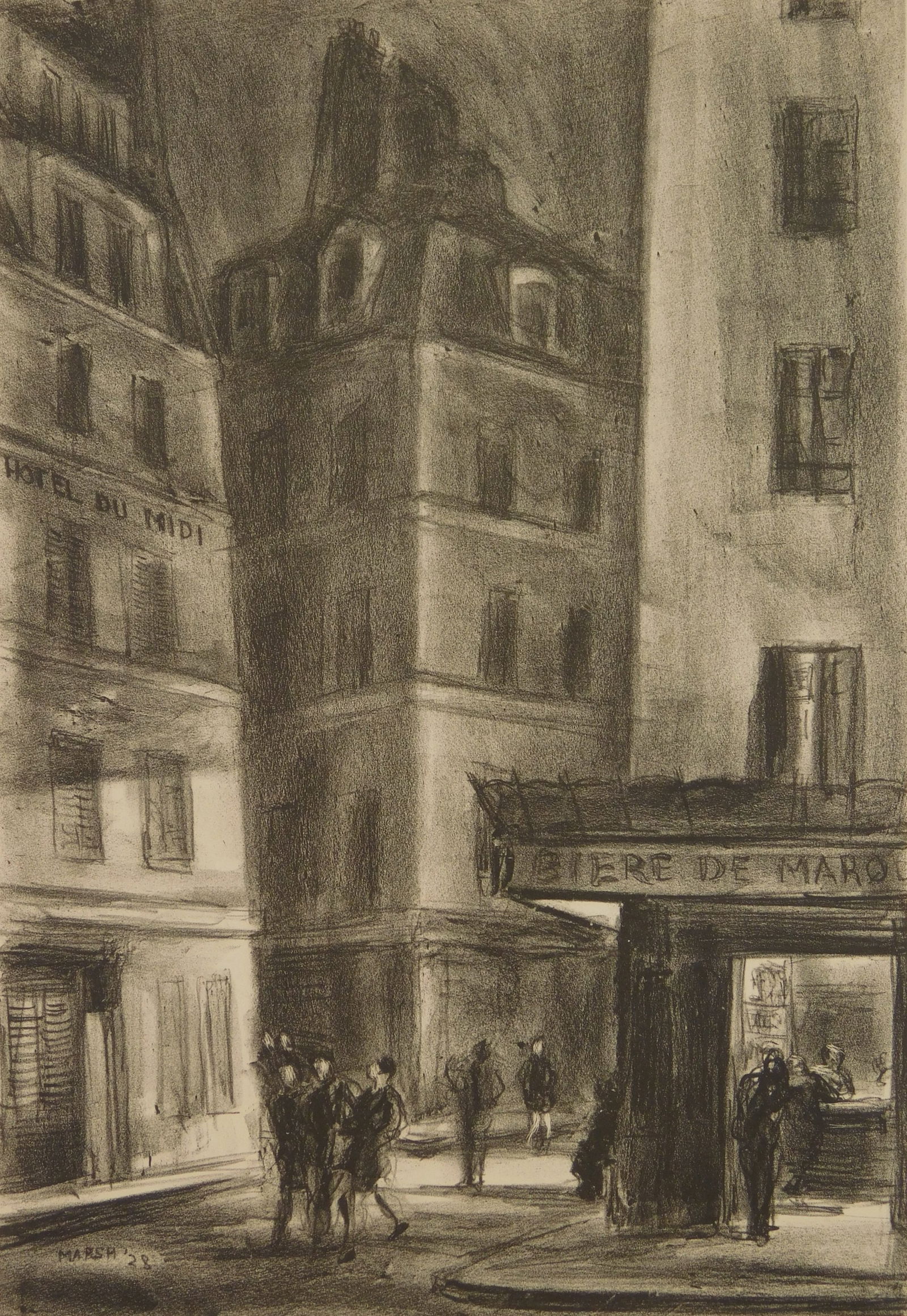 Reginald Marsh lithograph: Reginald Marsh (1898-1954) Rue St. Jacques (Sasowsky 5) lithograph, 1928, signed and annotated '35 proofs' in pencil. 12 1/2 x 8 1/2"