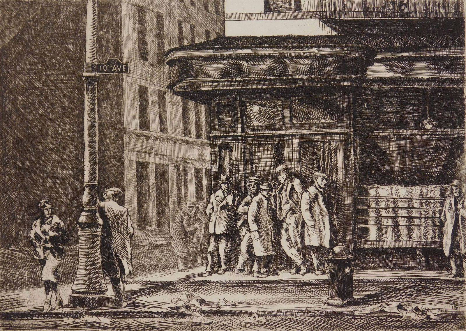 Reginald Marsh etching: Reginald Marsh (1898-1954) Tenth Ave. at 27th St. (Sasowsky 128) etching, 1931, numbered 94/100 in pencil, from the Whitney Museum edition printed in 1971, Museum blindstamp lower right.&nb