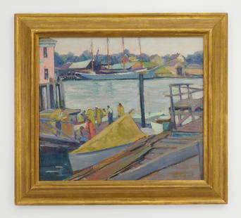 George G. Adomeit oil: George G. Adomeit (1879-1967) Boothbay Harbor oil on canvas (relined), 1924, signed Geo. G. Adomeit lower right, framed. 15 x 17"