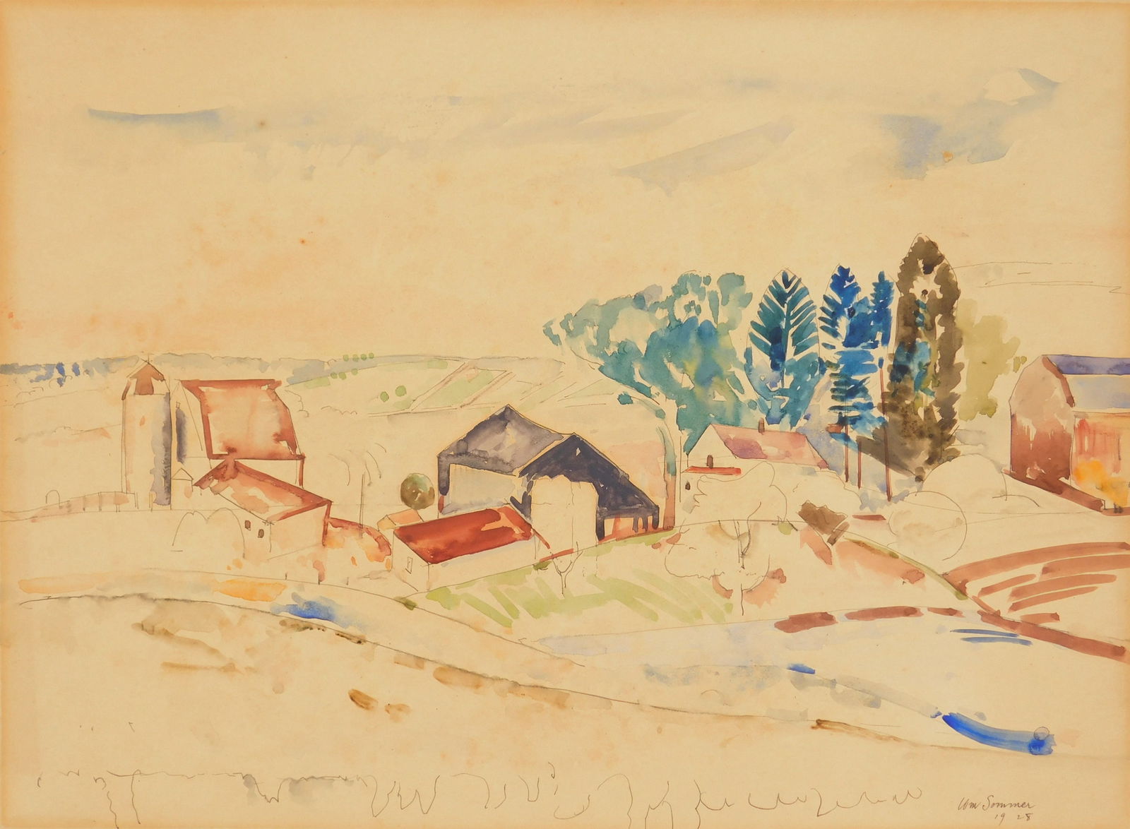 William Sommer watercolor: William Sommer (!867-1949) Brandywine Farm watercolor and pen and ink on paper, 1928, signed Wm. Sommer 1928 lower right. 11 x 15"