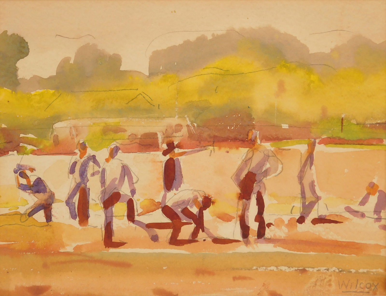 Frank N. Wilcox watercolor: Frank N. Wilcox (1887-1964) WPA Railroad Workers watercolor on paper, ca. 1935, signed Wilcox lower right. 12 x 11 1/2"