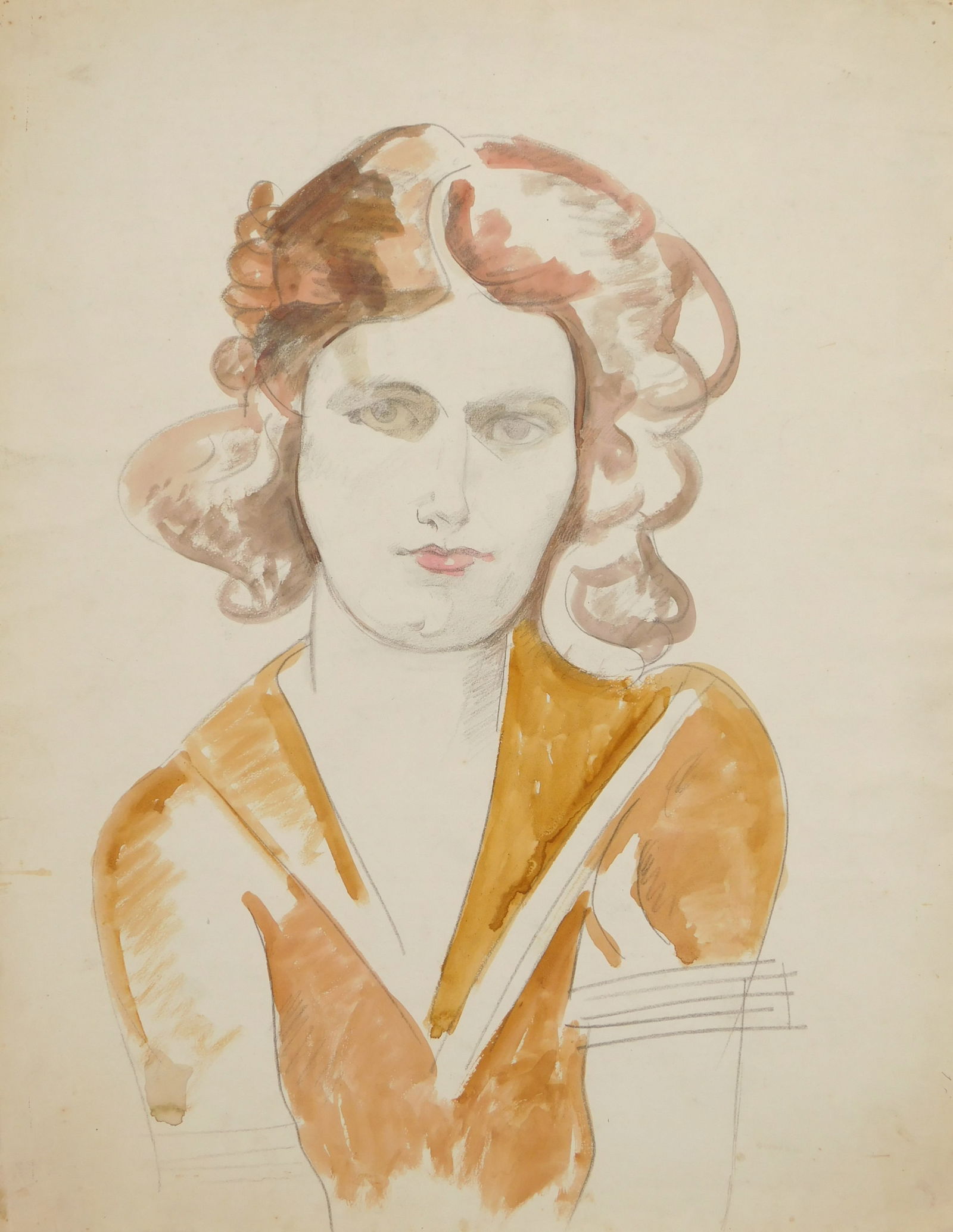 William Sommer watercolor and pencil: William Sommer (!867-1949) Portrait of a Woman with Red Wavy Hair watercolor and pencil on paper. 20 x 15 1/2" 