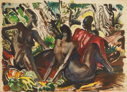 Paul Bough Travis watercolor: Paul Bough Travis (1891-1975) African Figures watercolor on paper, signed P. B. Travis lower right. 19 x 26 1/2" 