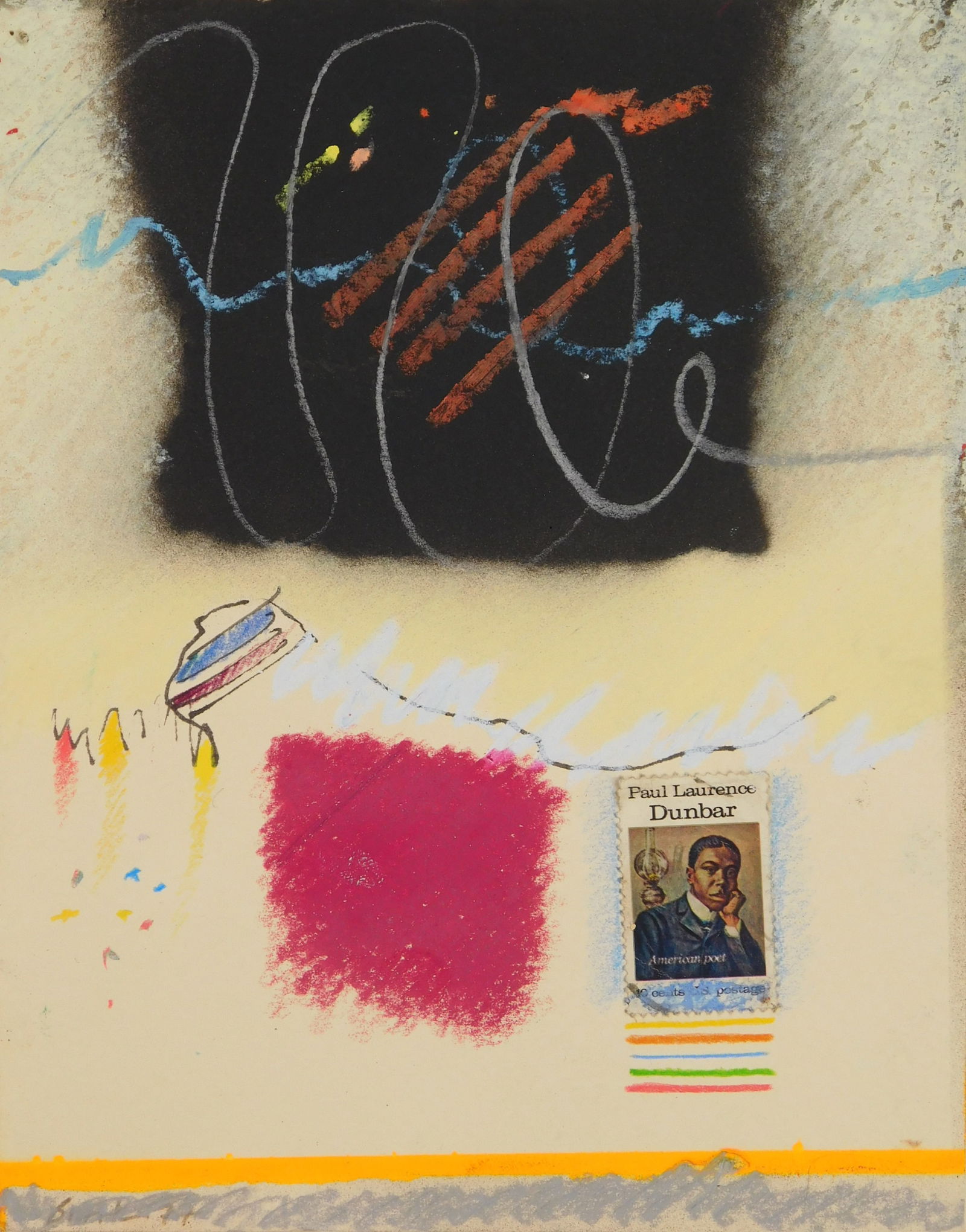 Moe Brooker pastel: Moe Brooker (1940-2022) Mr. Ebo's Circus VII pastel and collage on paper, 1977, signed Brooker '77 lower left.