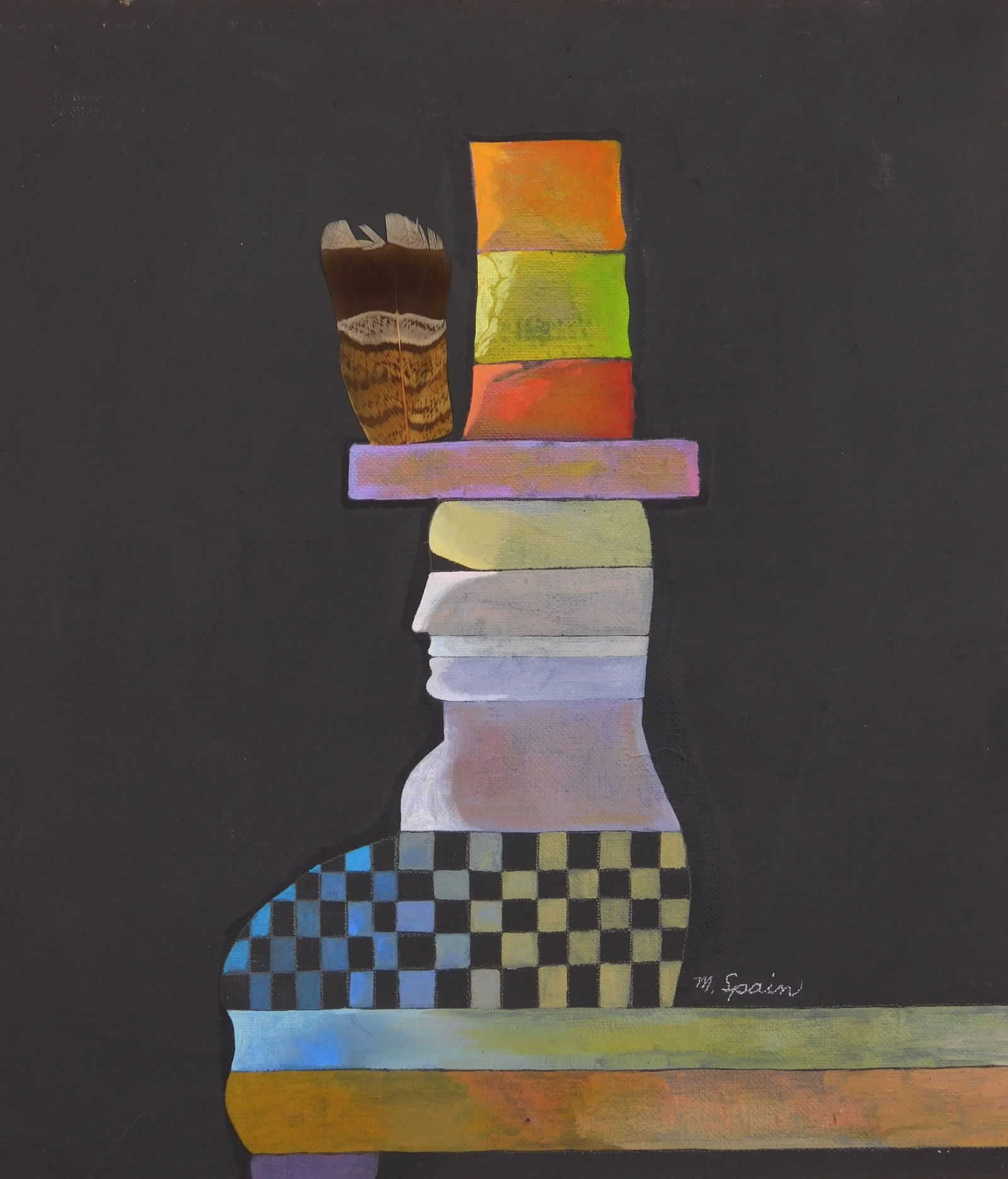 Mary Spain mixed media: Mary Spain (1934-1983) Man with Feather in His Cap mixed media signed M. Spain lower right, signed and titled verso. 11 1/2 x 7 3/4"