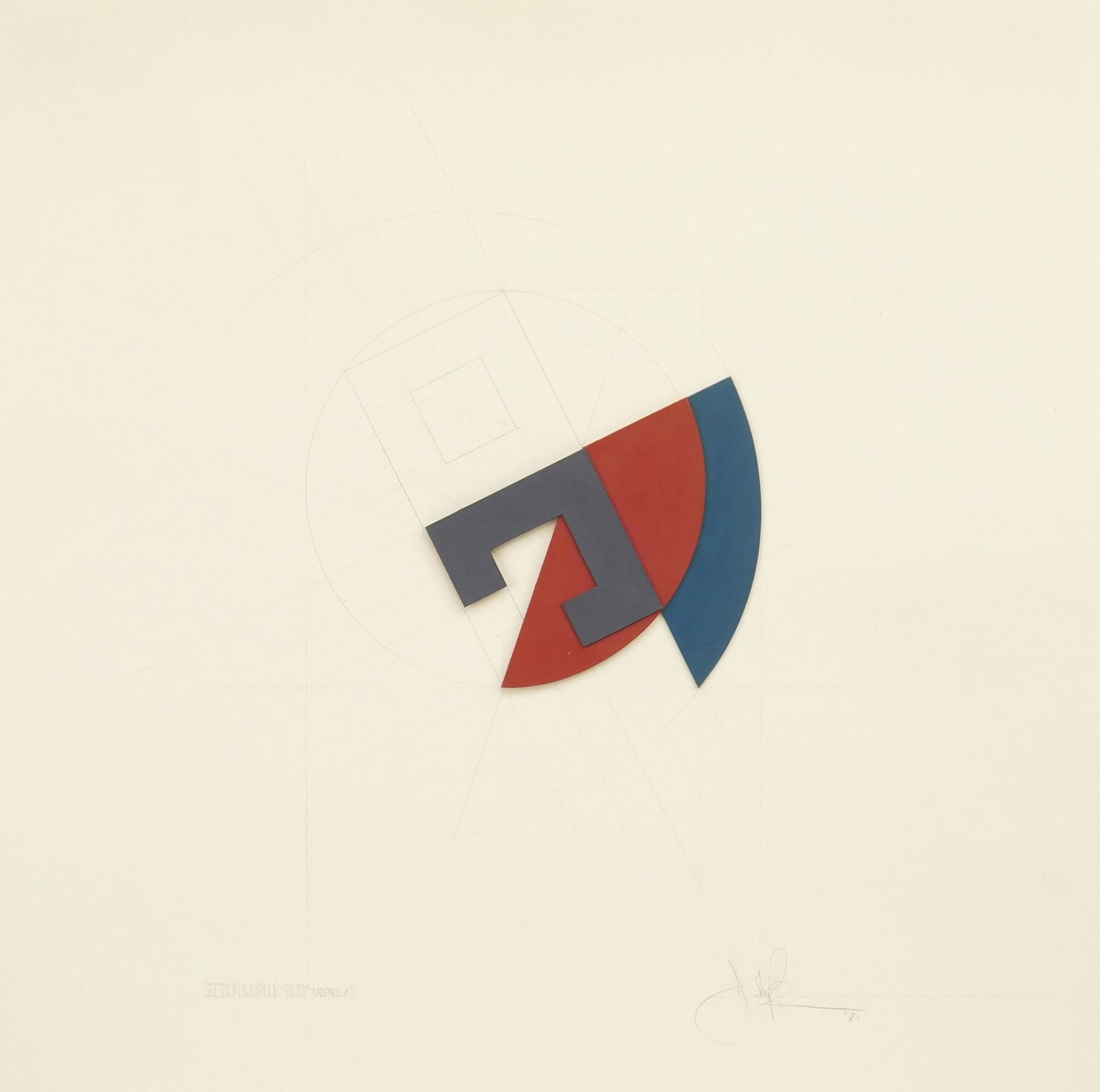 John Pearson mixed media: John Pearson (American 1940- ) Section Circle Study Cadence #5 acrylic and construction on paper, 1981, signed, dated and titled in pencil, matted and framed. 20 3/4 x 20 3/4"