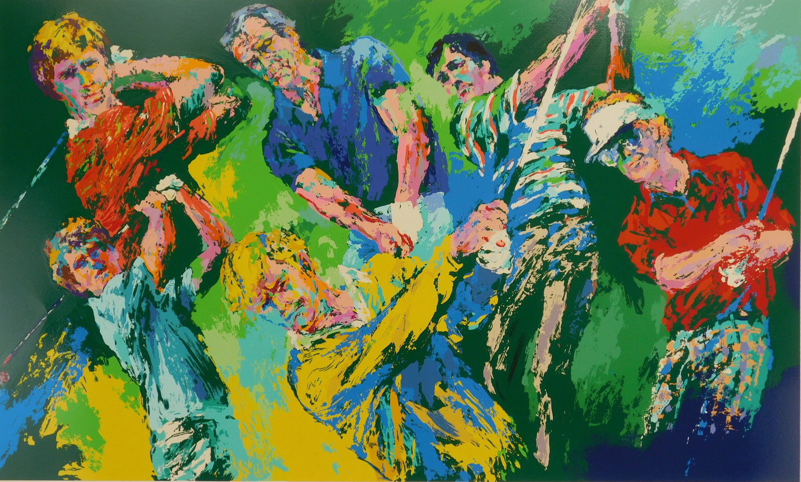 Le Roy Nieman silkscreen: Le Roy Neiman (American 1921-2012) Golf Winners silkscreen in colors, 1984, signed and annotated 'A/P' in pencil, regular edition of 500. 24 x 40" Hal Sutton, Arn