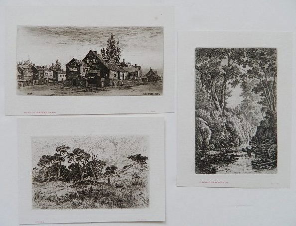 19th c. American etchings: 19th c. American School etchings including Thomas Moran- Landscape; H. C. Ford- ''Southern California Glen'' and C. A. Platt- ''Street in Honfleur, France'', various sizes.