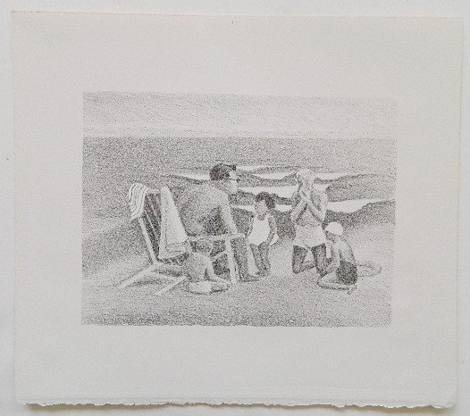 John Bloom- 4 lithographs: John Bloom- Cows in A Barn; Family at the Beach; Dirt Bike Racing; Five Men Fishing- 4 lithographs, various sizes.