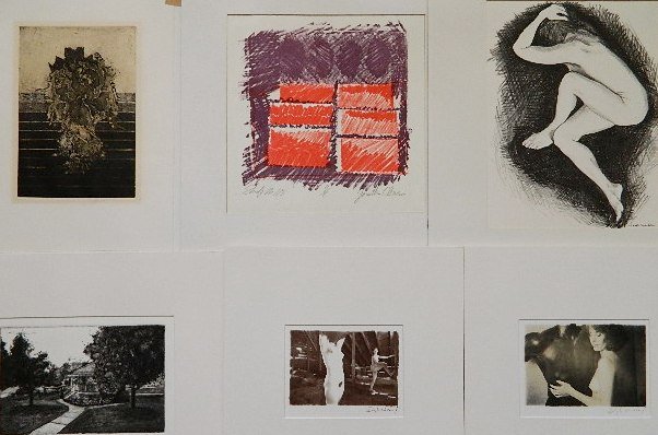 20th c. American School 6 prints: 20th c. American School 6 prints- Jonathan Clemens- ''Shelf No. 113''- lithograph in colors, and Abstract- etching, both signed and numbered in pencil; Mic Carlson- ''Rendezvous In The Park''- etching