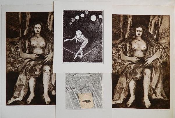 20th c. American School 4 works on paper: 20th c. American School 4 works on paper- including Edward Ted Dickenson- Formal Portrait (2)- 2 etchings, 1994, both signed and titled in pencil, inscribed 'B.A.T.' and 'Printers proof' in pencil; Ne