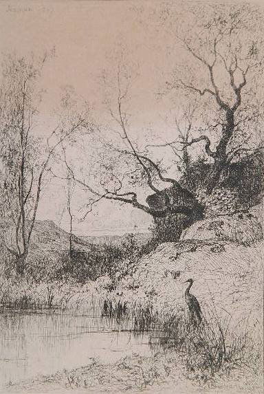 Adolphe Appian etching: Adolphe Appian- ''Une Mare'' (Jennings 19)- etching on chine applique, 1867, light struck and mat burn. 9 3/8 x 6 3/8''