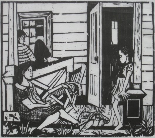Will Barnet linocut: Will Barnet (American 1911-)- ''Waiting'' (Cole 50)- linocut, 1937, signed, titled and numbered 49/60, handling creases throughout, staining in right margin, does not go into image. 10 x 11 1/4''